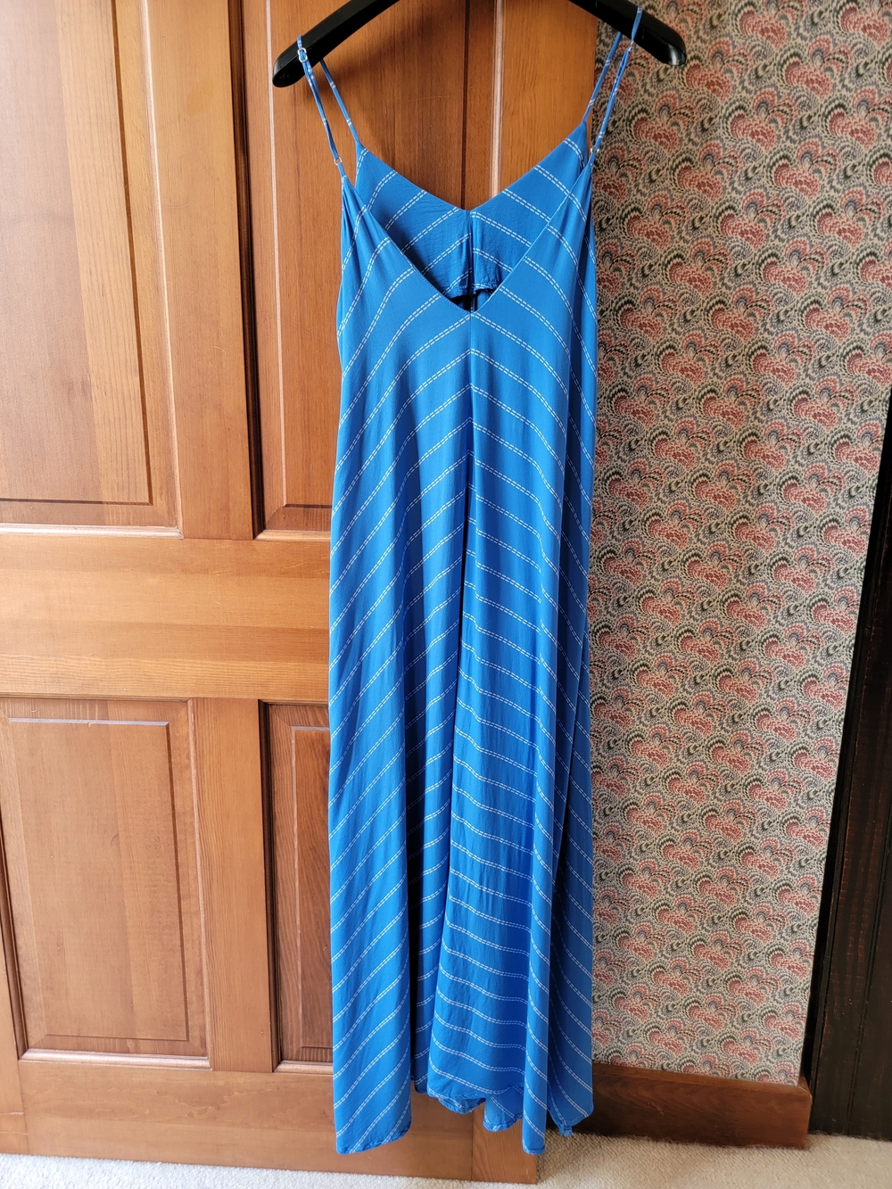 INDAH Blue White Striped 100% Bamboo V-Neck Maxi Dress Pockets XS - Picture 4 of 14
